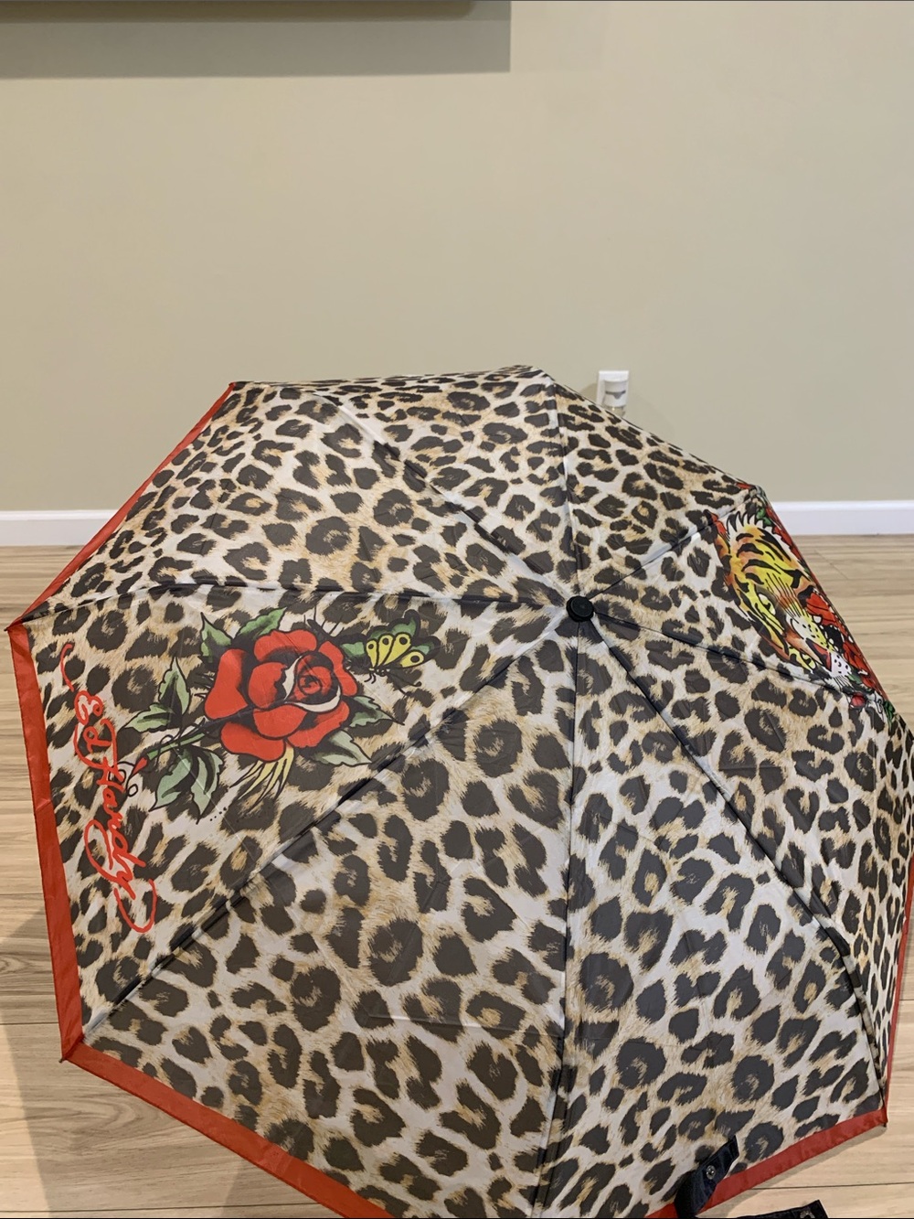 Ed Hardy Leopard Print Umbrella with Red Rose and Orange Trim